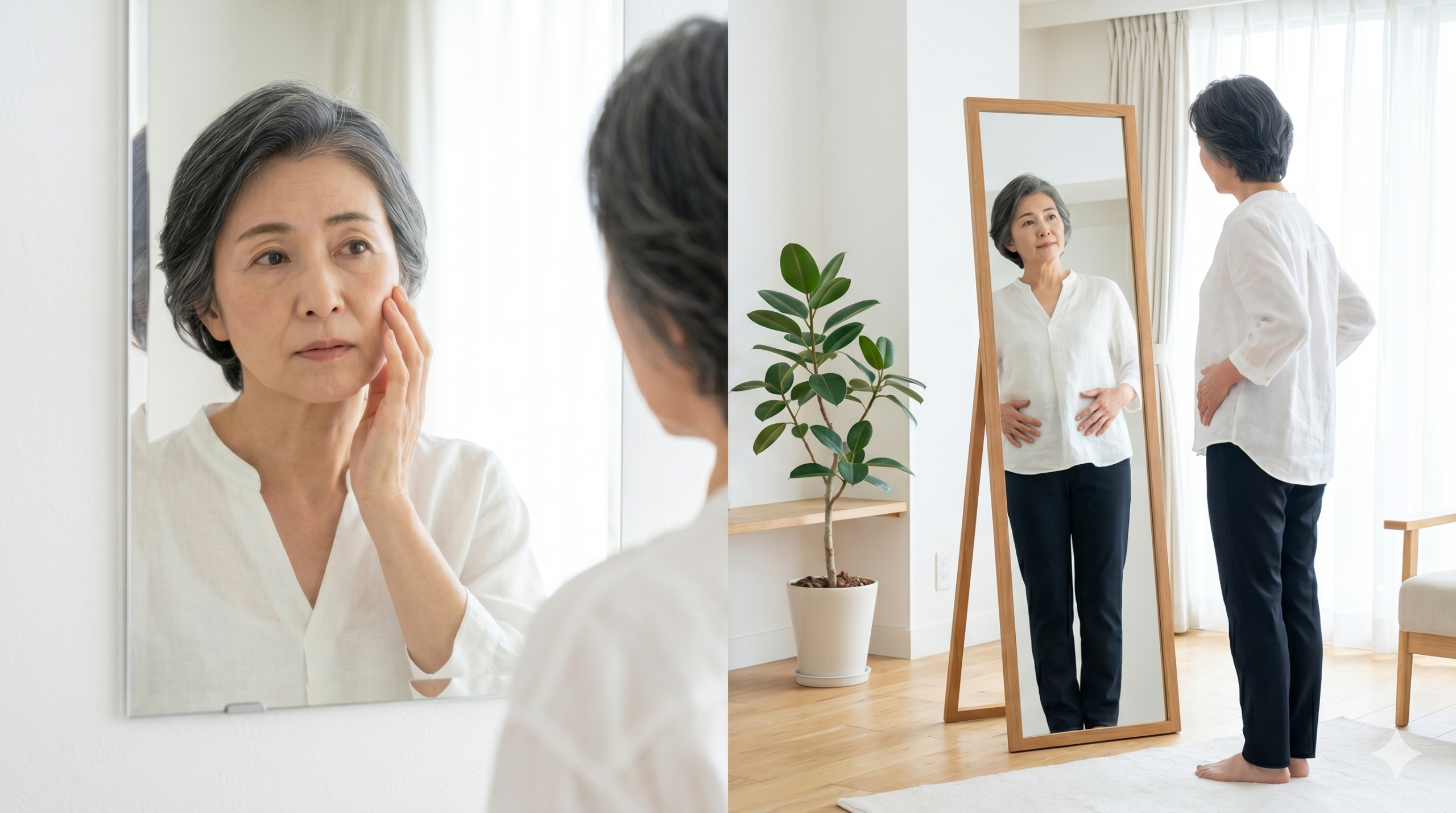鏡を見て悩む50代女性