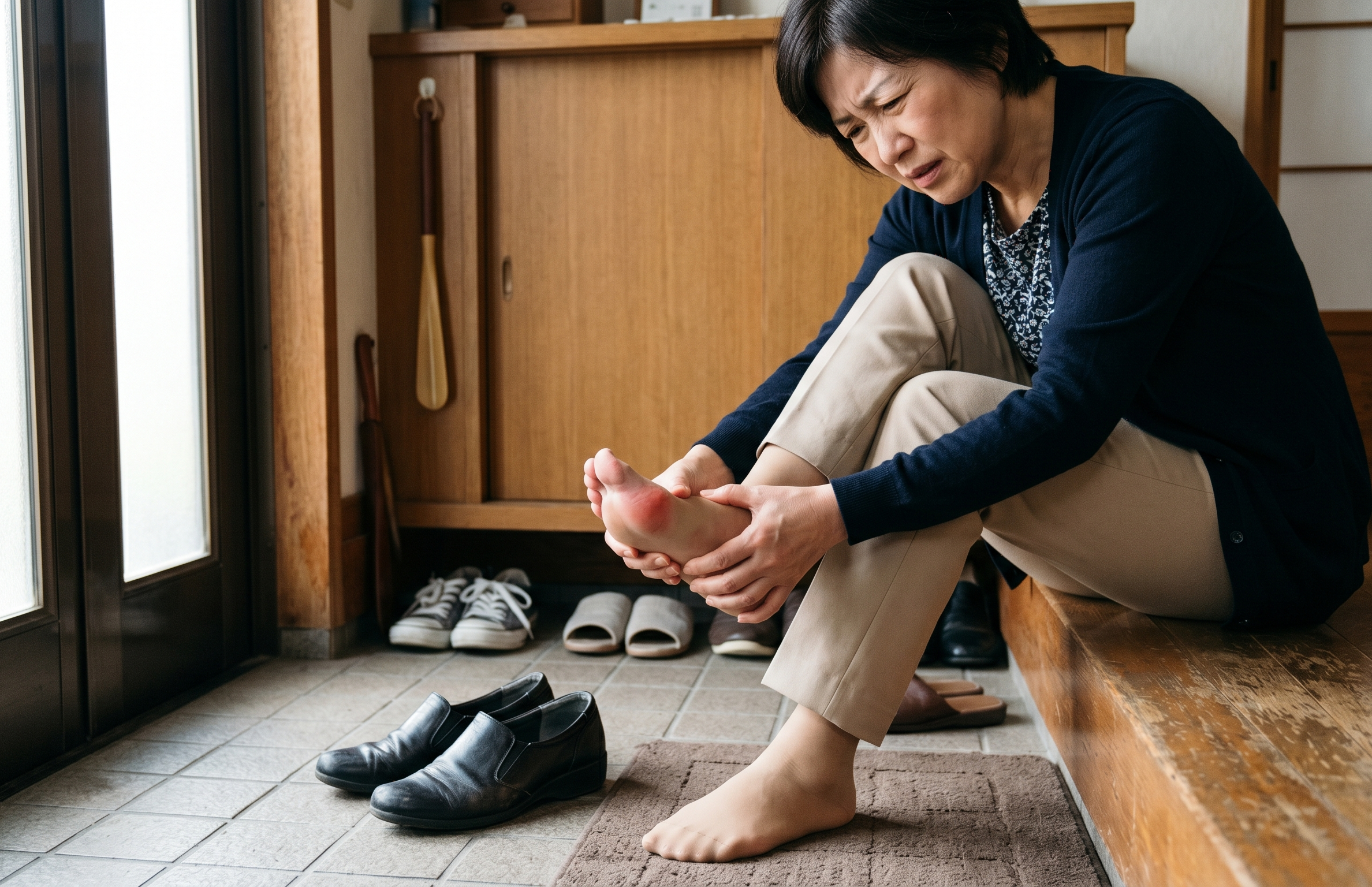 外反母趾の痛みに苦しむ50代女性