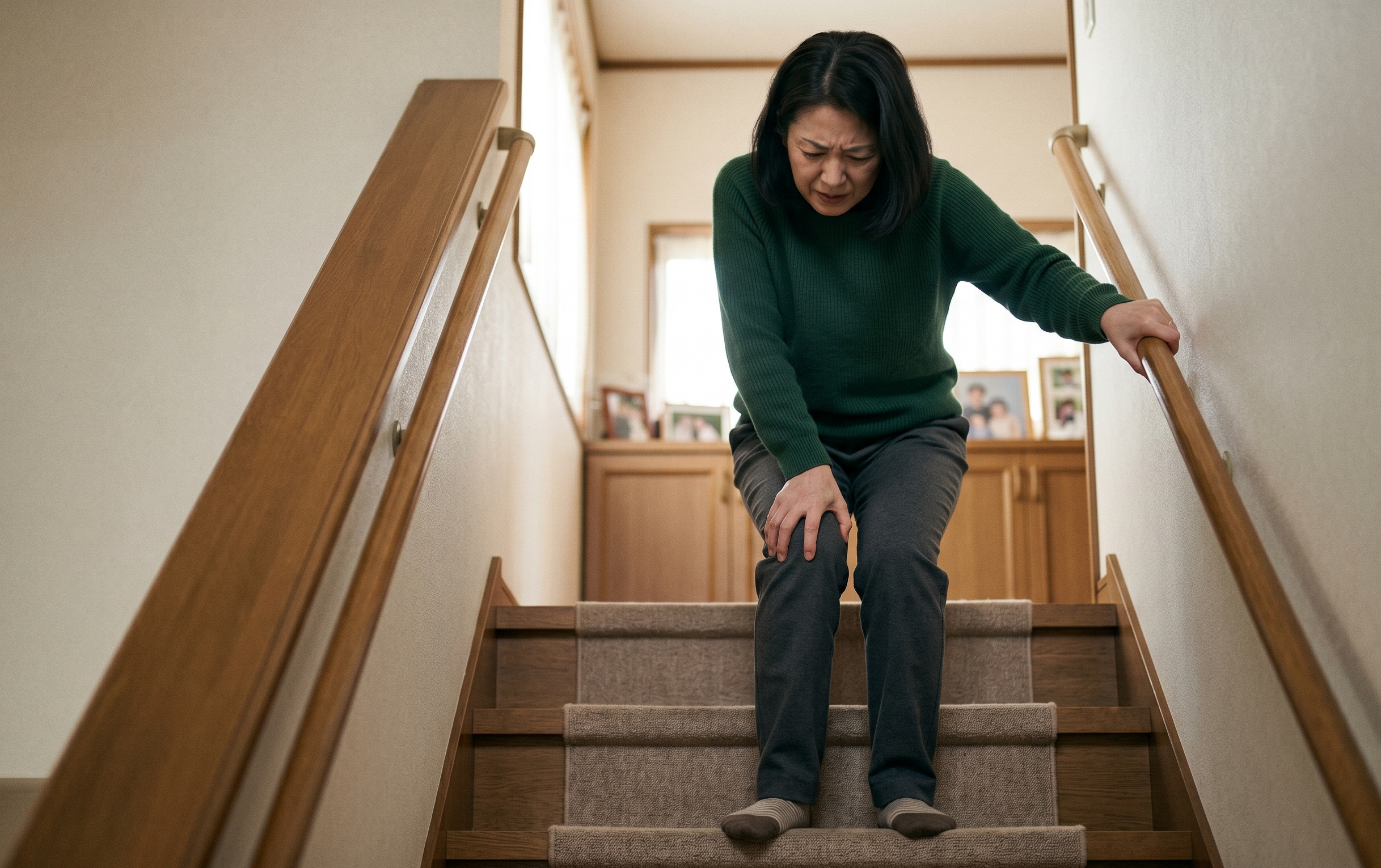 階段で膝の痛みに苦しむ50代女性